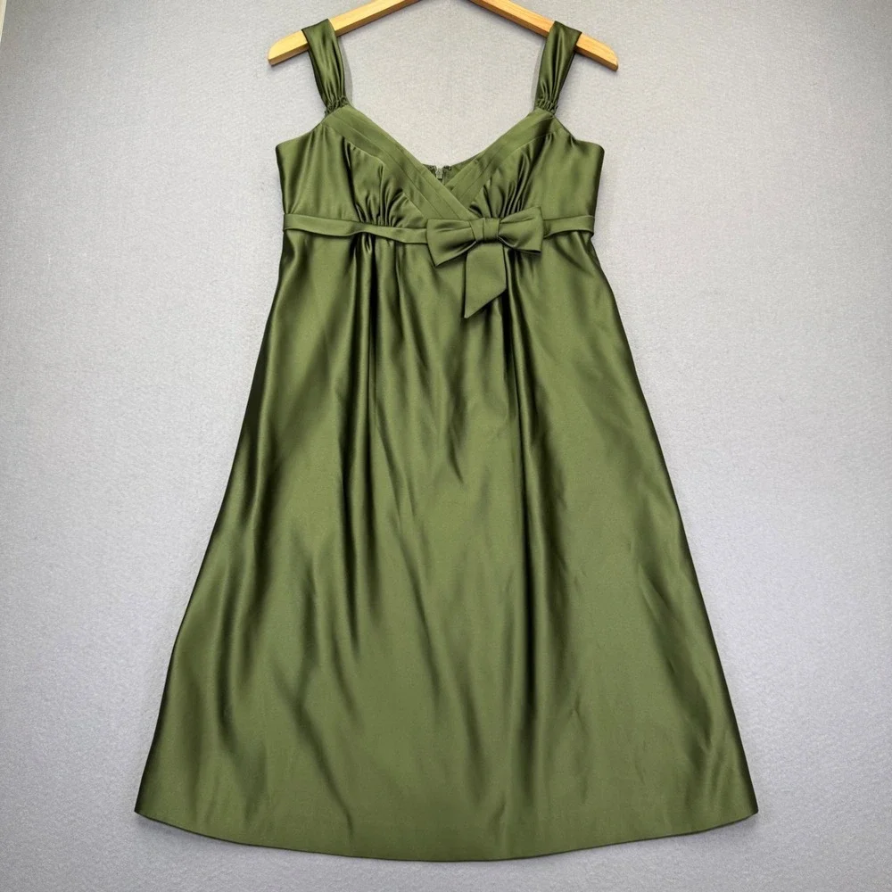 Melissa Sweet Olive Green Satin Empire Waist Bow‎ Cocktail Dress Womens Size 4
